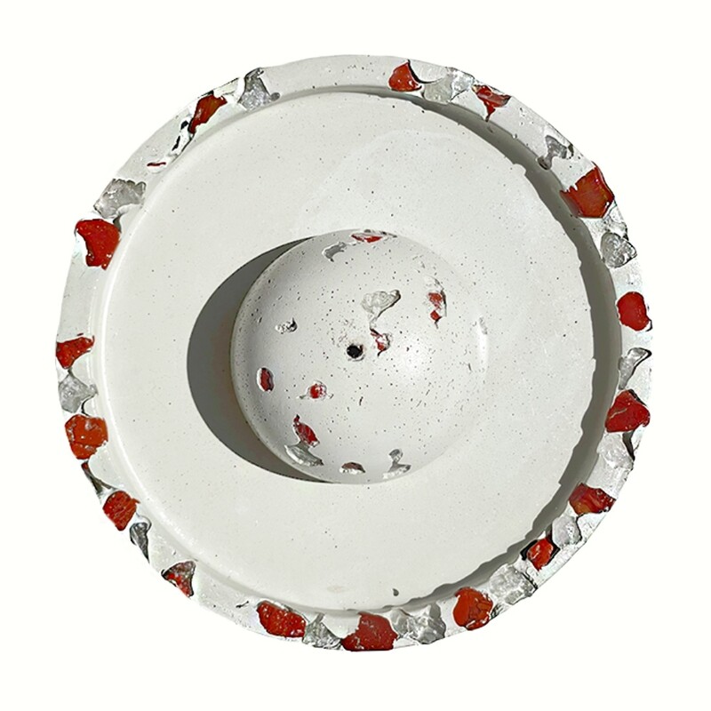 White Cement Incense Burner and Tray with Red Jasper, Clear Quartz Crystals, and Silver Mica