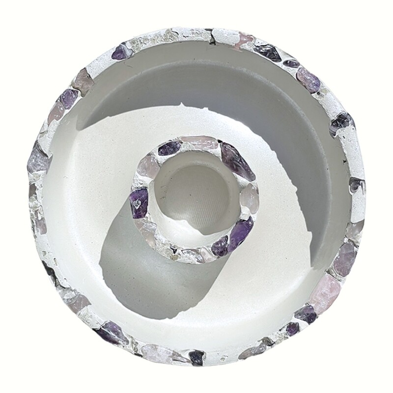 White Cement Censer Bowl with Amethyst and Rose Quartz Crystals and Silver Mica