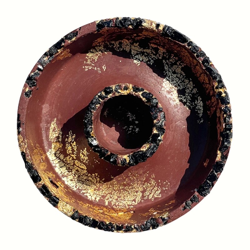 Maroon Censer Bowl with Black Tourmaline and Gold Leaf