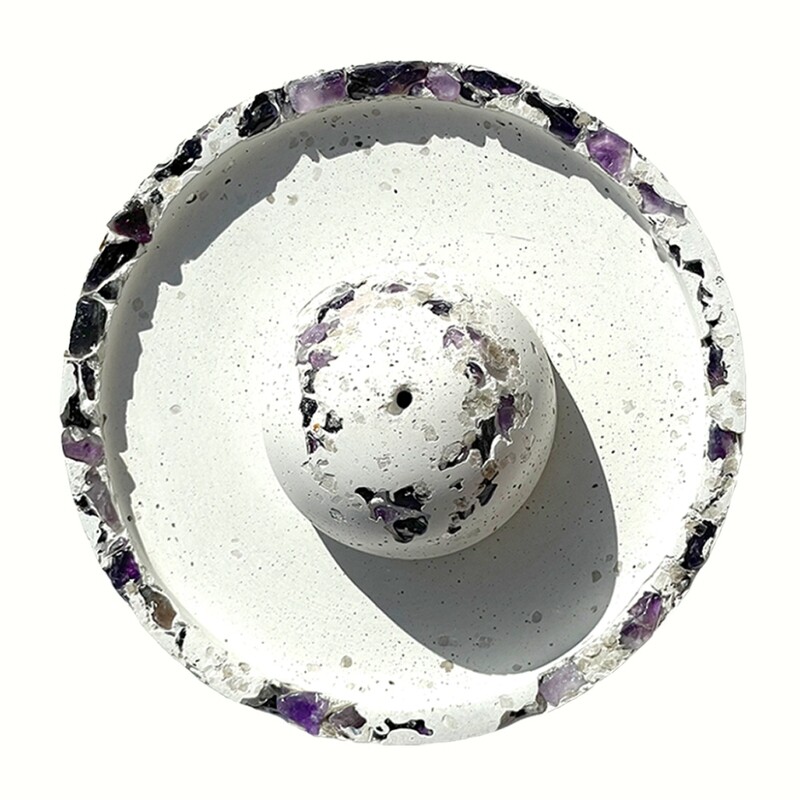 White Incense Burner with Amethyst Crystals and Silver Mica