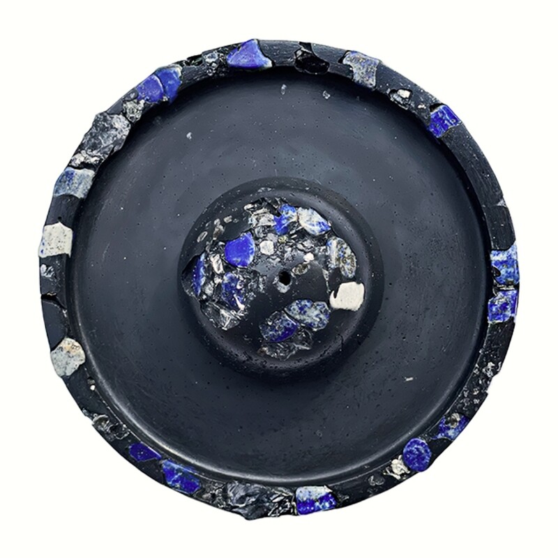 Black Cement Incense Burner and Tray with Lapis Lazuli, Clear Quartz Crystals and Silver Mica