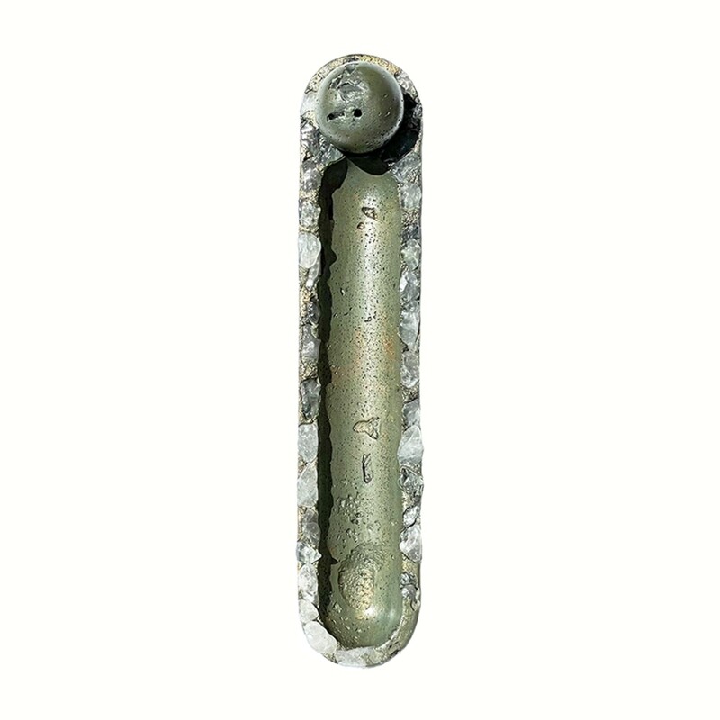 Green Cement Incense Burner with Clear Quartz Crystals and Metallic Mica Pigments