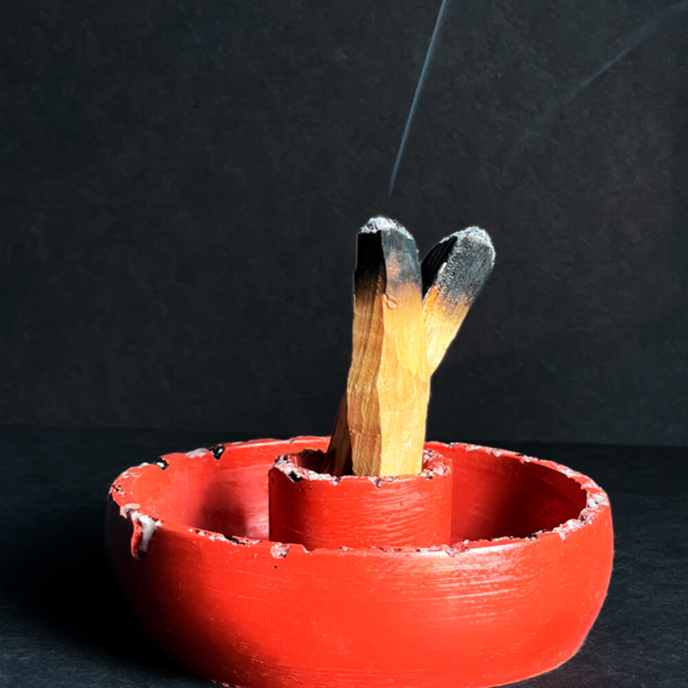 Red Censer Bowl with Black Tourmaline and Moonstone