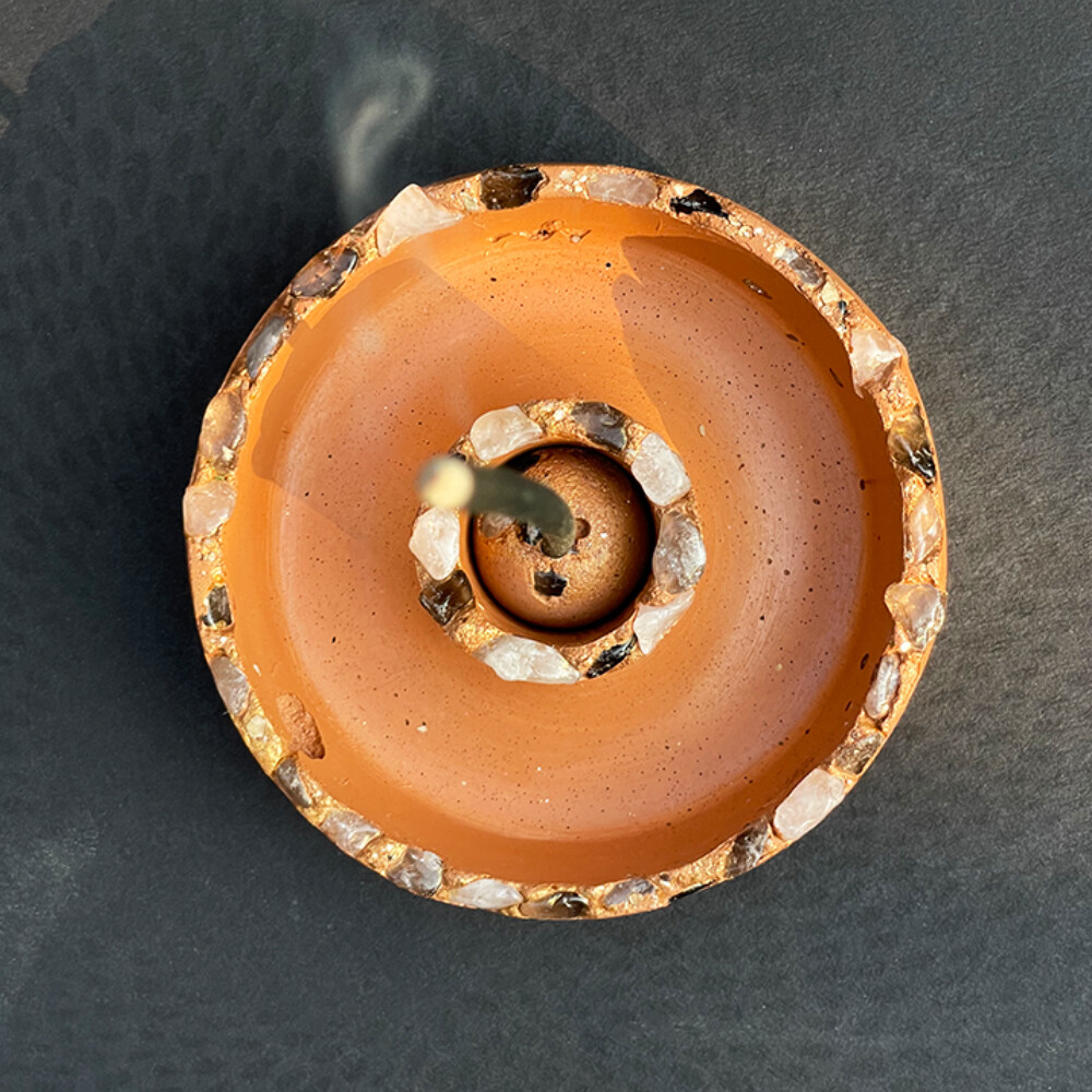 Orange Censer Bowl with Clear and Smoky Quartz Crystals