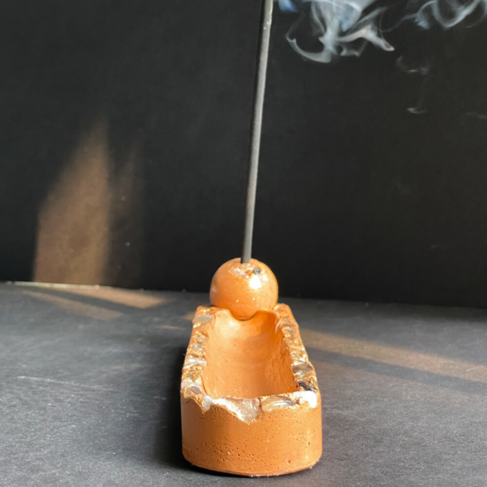 Orange Cement Incense Burner with Clear and Smoky Quartz Crystals