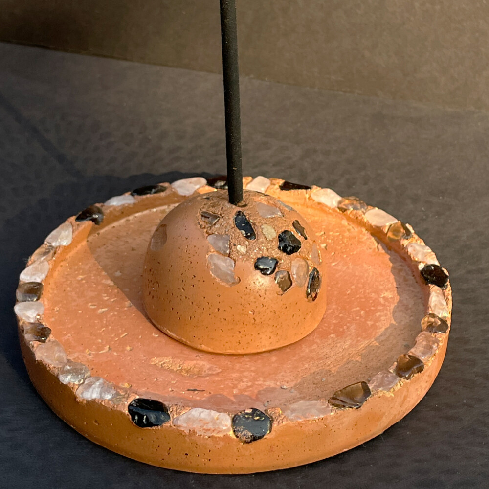 Orange Incense Burner with Clear and Smoky Quartz Crystals