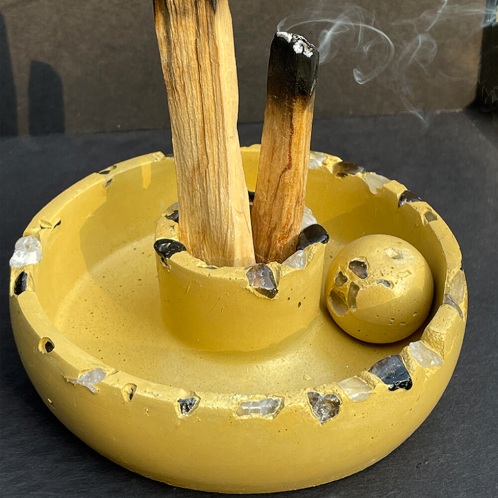 Yellow Censer Bowl with Clear and Smoky Quartz Crystals