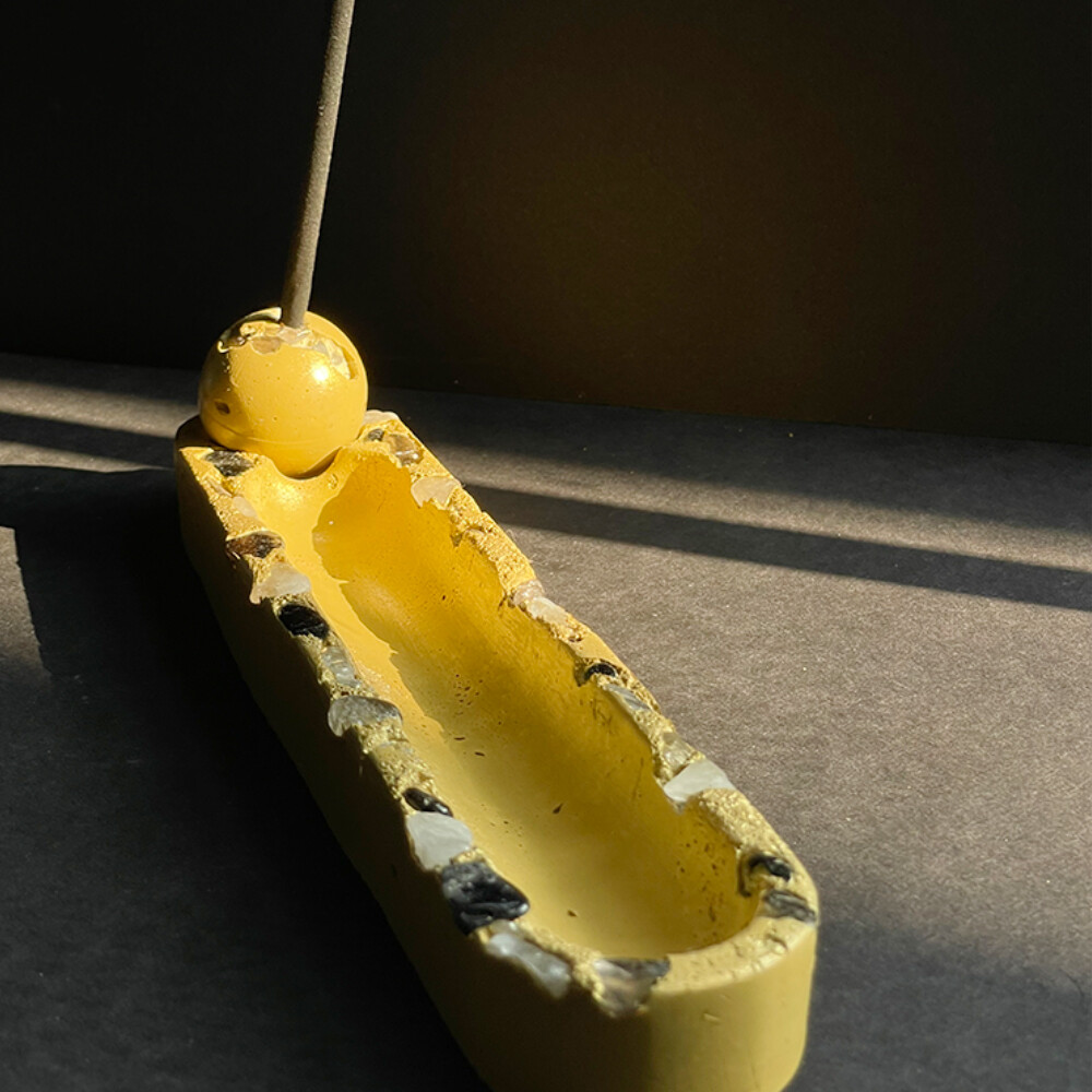 Yellow Cement Incense Burner with Clear and Smoky Quartz Crystals