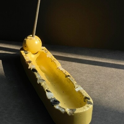 Yellow Incense Burner with Clear and Smoky Quartz Crystals