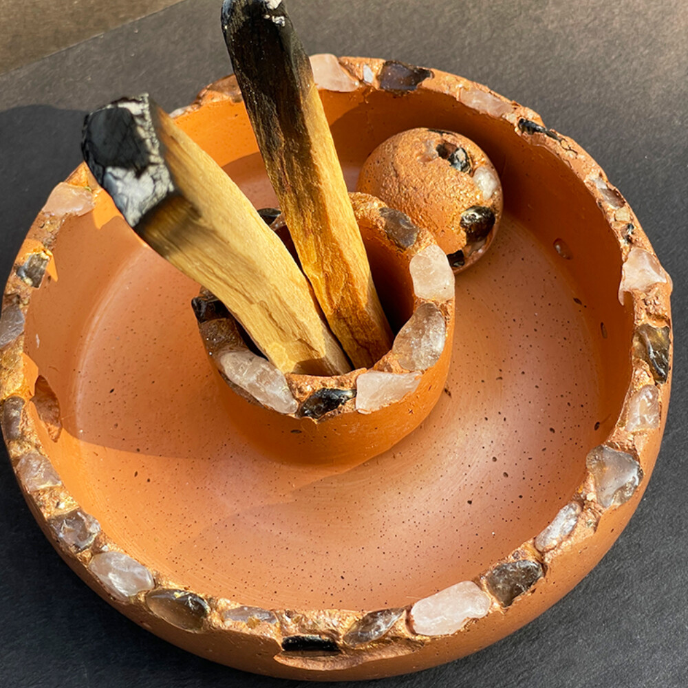 Orange Censer Bowl with Clear and Smoky Quartz Crystals