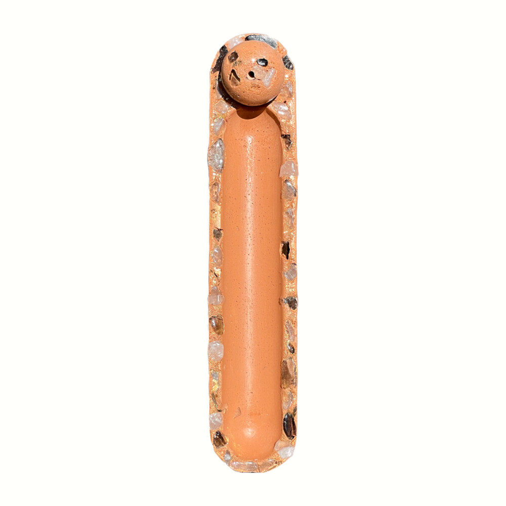 Orange Cement Incense Burner with Clear and Smoky Quartz Crystals