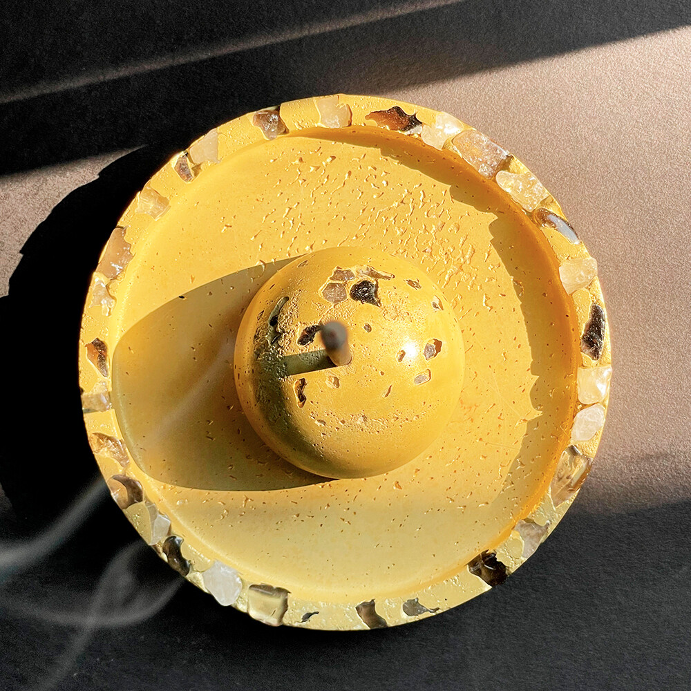 Yellow Cement Incense Burner with Clear and Smoky Quartz Crystals