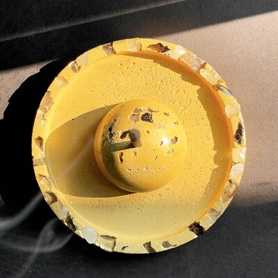 Yellow Incense Burner with Clear and Smoky Quartz Crystals