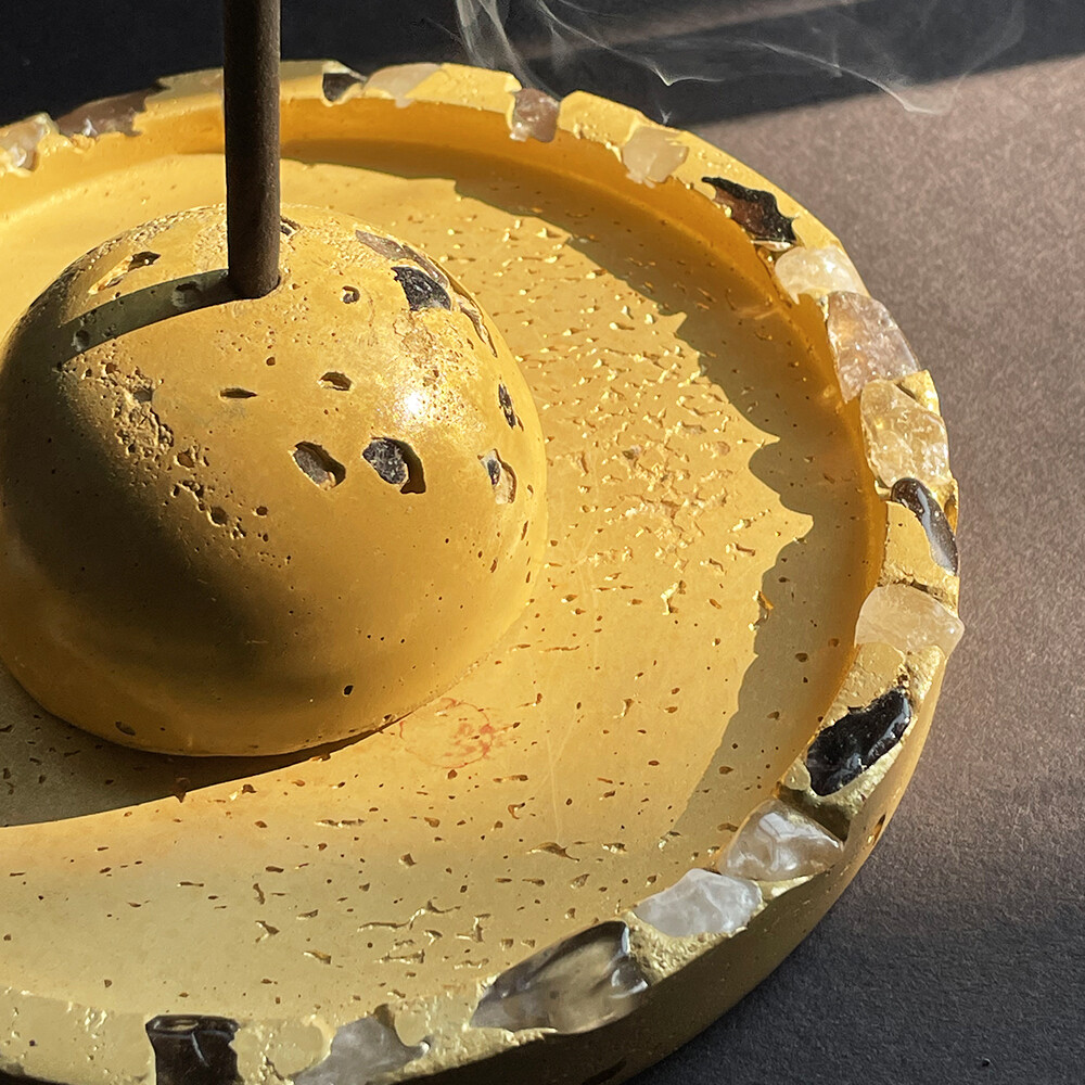 Yellow Cement Incense Burner with Clear and Smoky Quartz Crystals