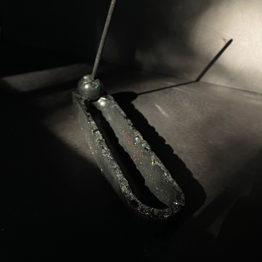 Black Cement Incense Burner with Clear Quartz Crystals and Silver Mica