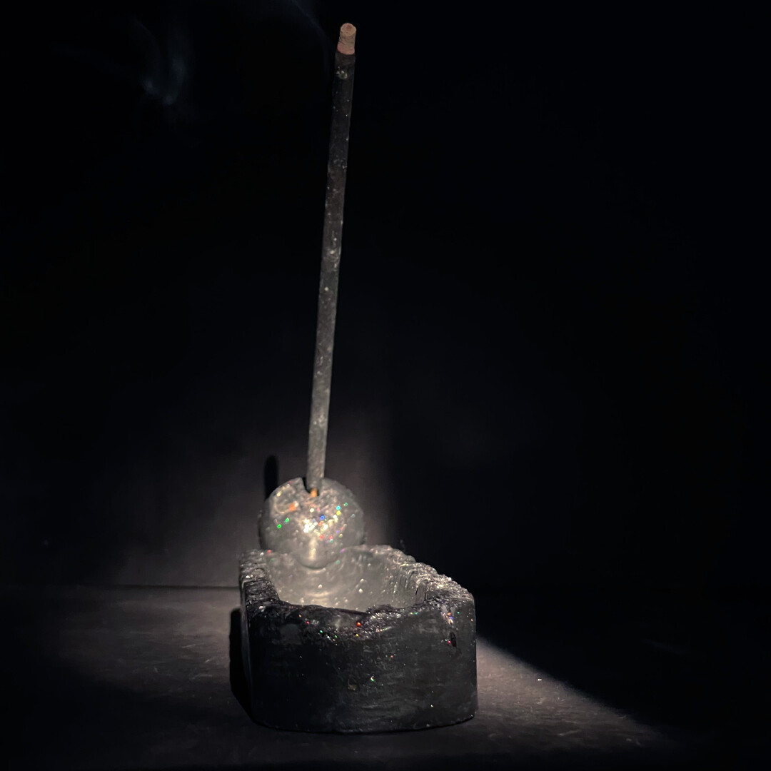 Black Cement Incense Burner with Clear Quartz Crystals and Silver Mica