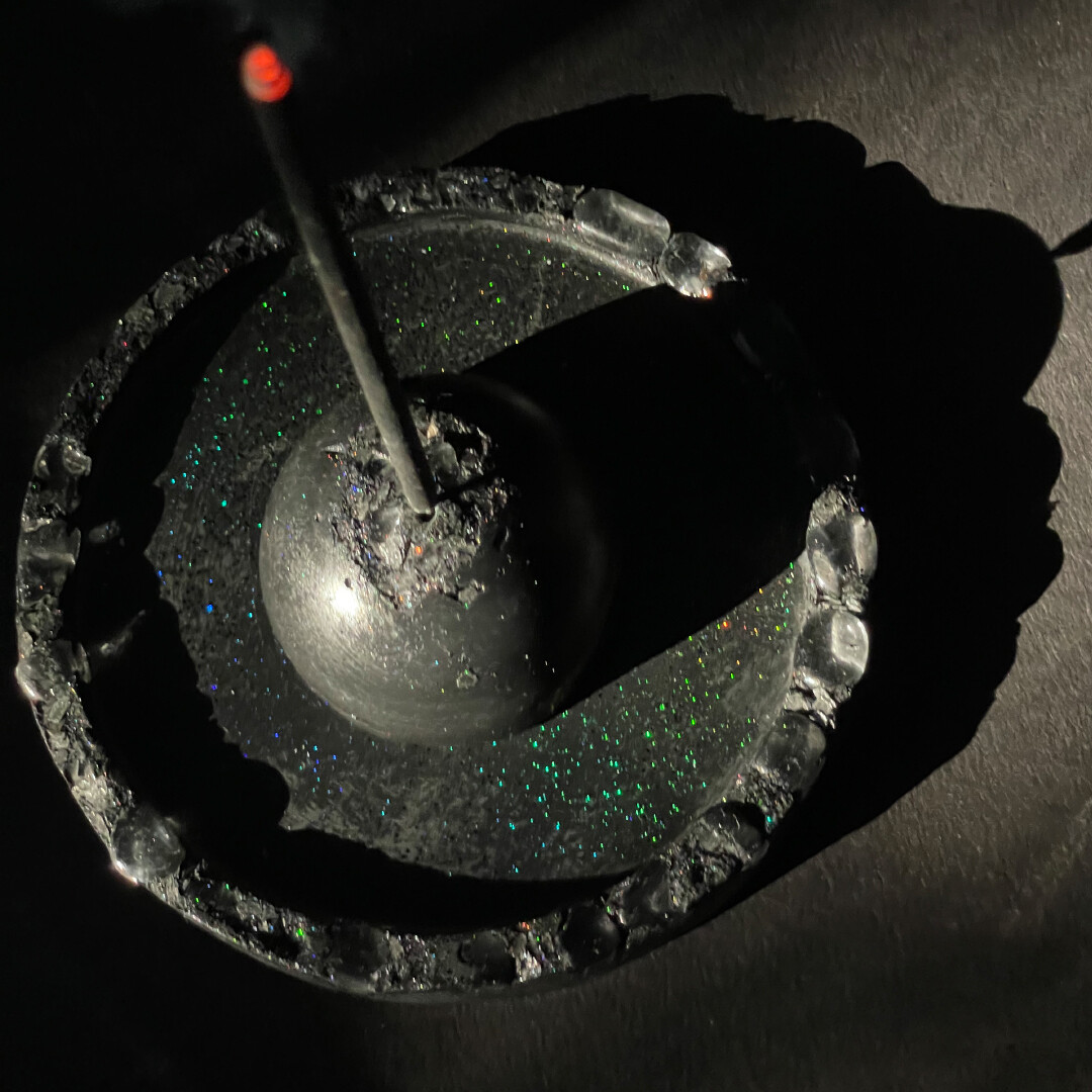 Black Cement Incense Burner and Tray with Clear Quartz Crystals and Silver Mica