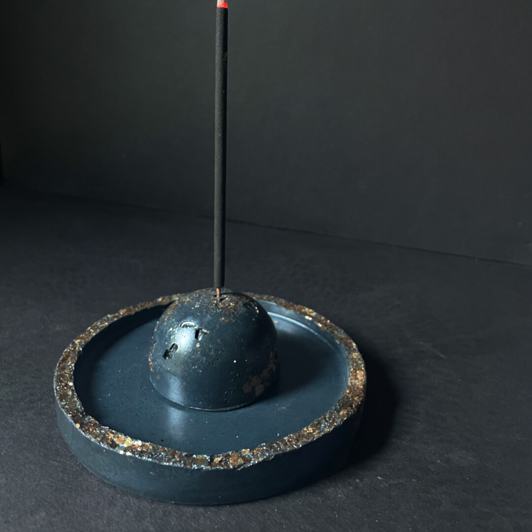 Blue Cement Incense Burner and Tray with Gold Mica
