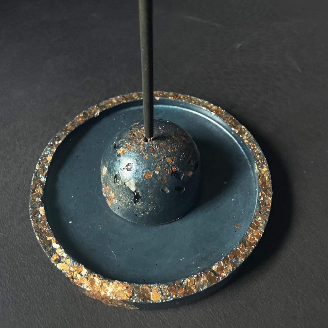 Blue Cement Incense Burner and Tray with Gold Mica