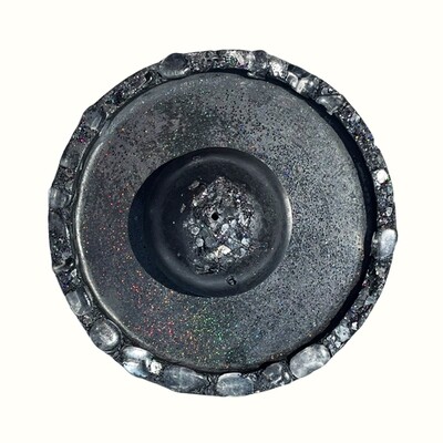 Black Cement Incense Burner and Tray with Clear Quartz Crystals and Silver Mica Black Cement Incense Burner and Tray with Clear Quartz Crystals and Silver Mica