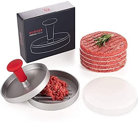 Blumtal Burgerpresse mit 50 Blatt Backpapier - Aluguss Hamburgerpresse mit Antihaftbeschichtung, Burger Pattie Presse, Grillzubehör