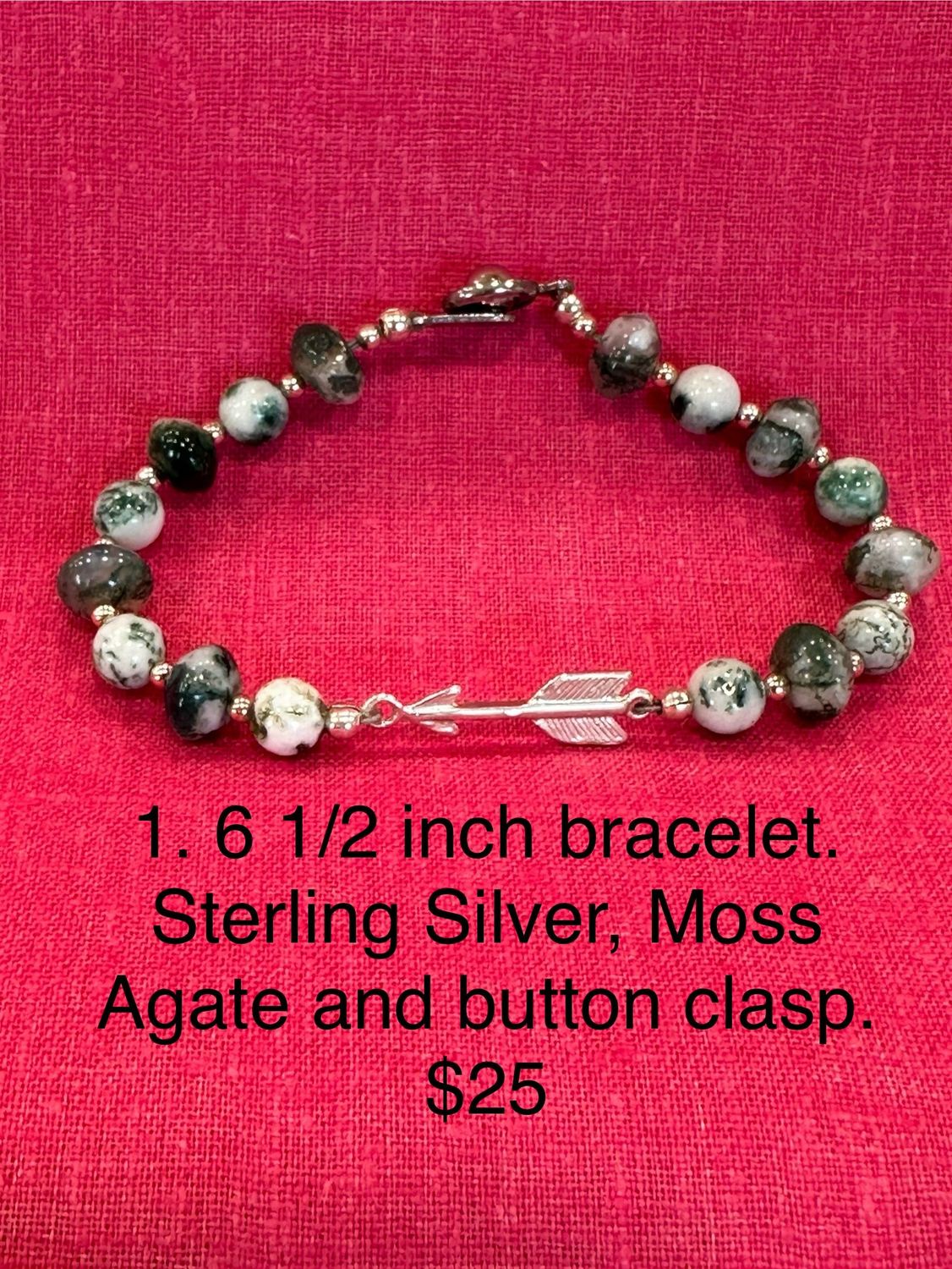 6 1/2 inch bracelet. Sterling Silver, Moss Agate and button clasp.