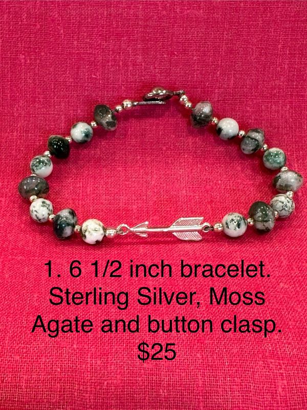 6 1/2 inch bracelet. Sterling Silver, Moss Agate and button clasp.