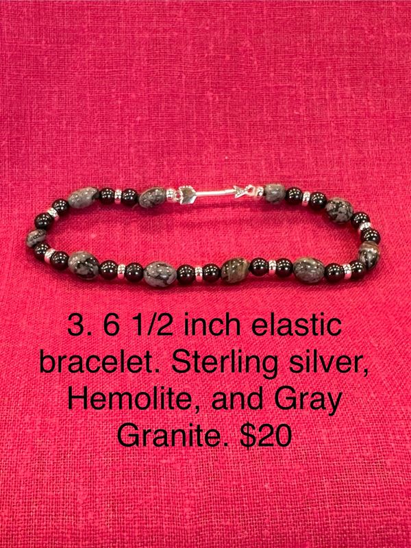 6 1/2 inch elastic bracelet. Sterling silver, Hemolite, and Gray Granite.