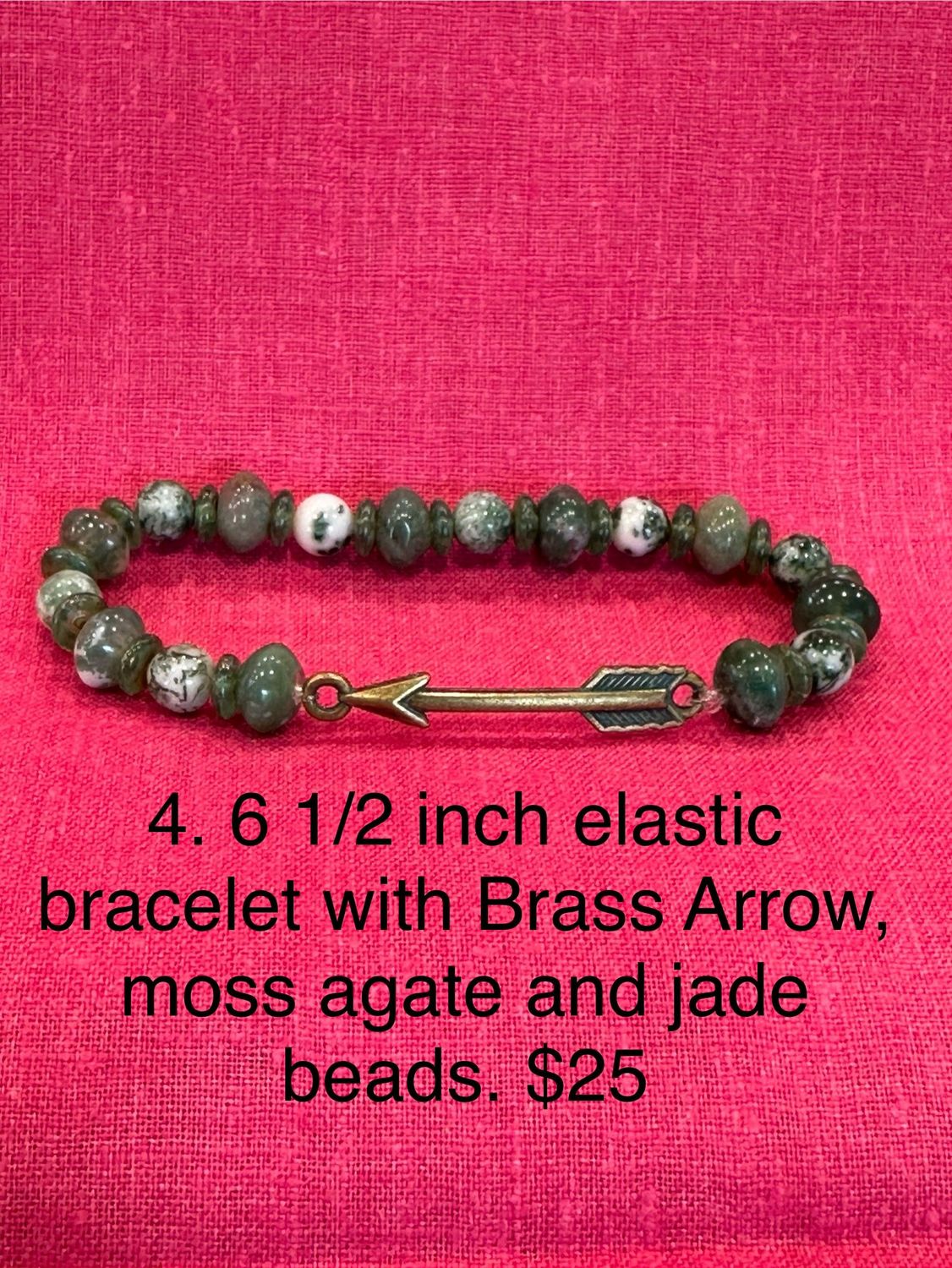 6 1/2 inch elastic bracelet with Brass Arrow, moss agate and jade beads