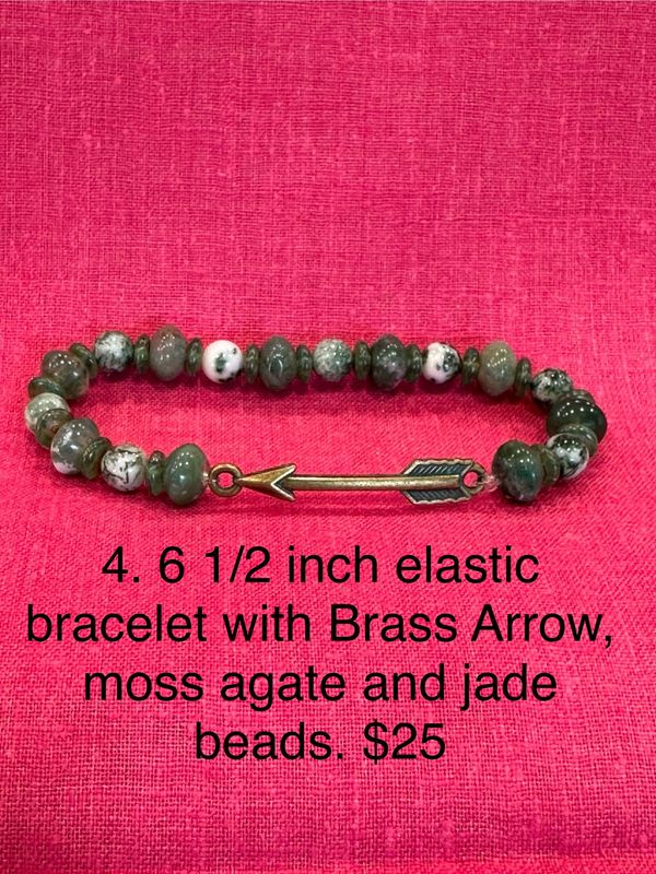 6 1/2 inch elastic bracelet with Brass Arrow, moss agate and jade beads