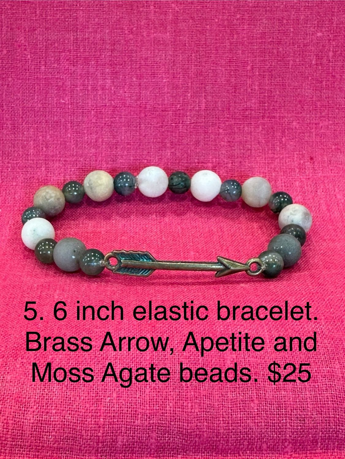 6 inch elastic bracelet. Brass Arrow, Apetite and Moss Agate beads