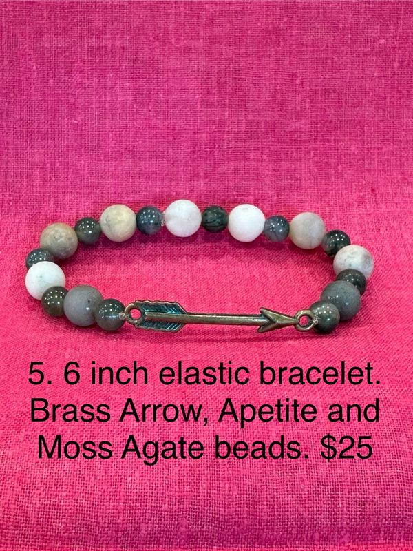 6 inch elastic bracelet. Brass Arrow, Apetite and Moss Agate beads