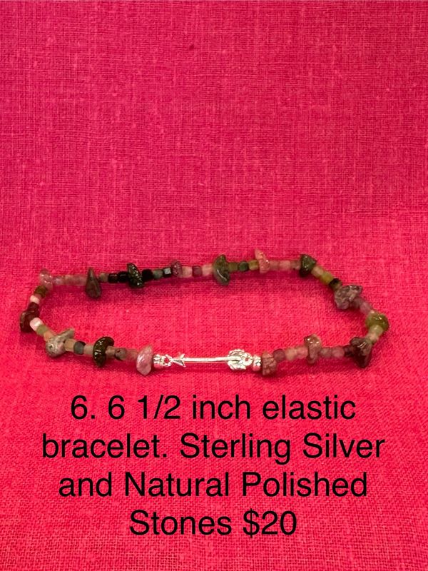6 1/2 inch elastic bracelet. Sterling Silver and Natural Polished Stones