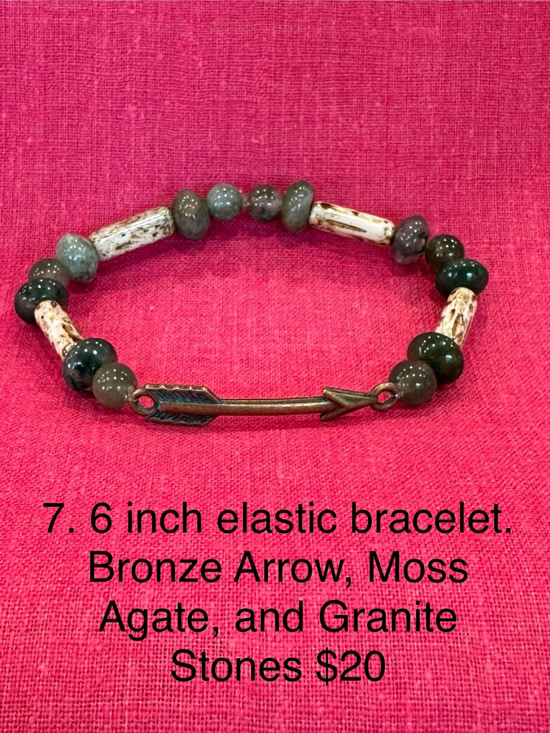6 inch elastic bracelet. Bronze Arrow, Moss Agate, and Granite Stones