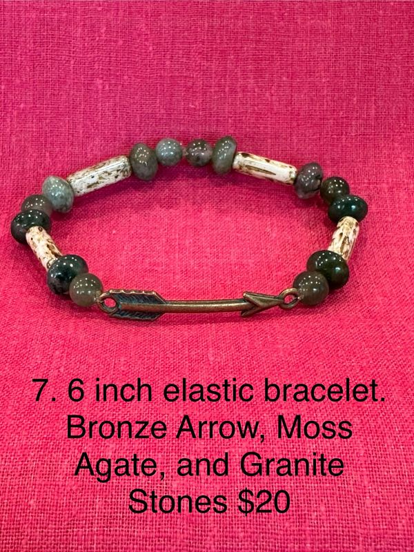 6 inch elastic bracelet. Bronze Arrow, Moss Agate, and Granite Stones