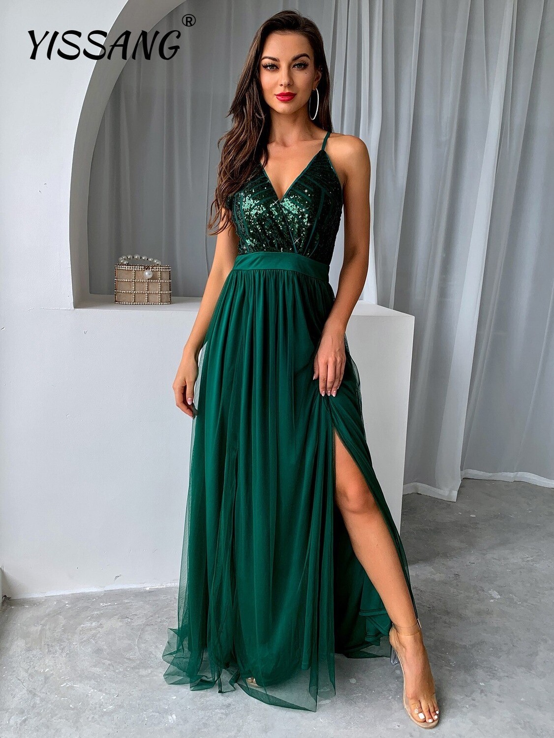 Yissang Sexy Lady Mesh Dress Women Elegant Fashion sequin Long Party Dress sleeveless Patchwork red green