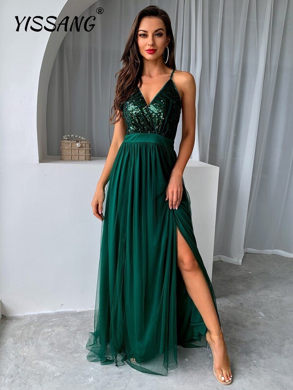Yissang Sexy Lady Mesh Dress Women Elegant Fashion sequin Long Party Dress sleeveless Patchwork red green