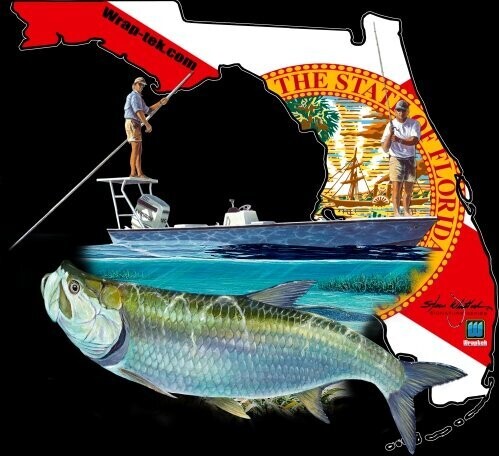 Die cut vinyl decal with Flats Skiff and Tarpon over FL State-Flag