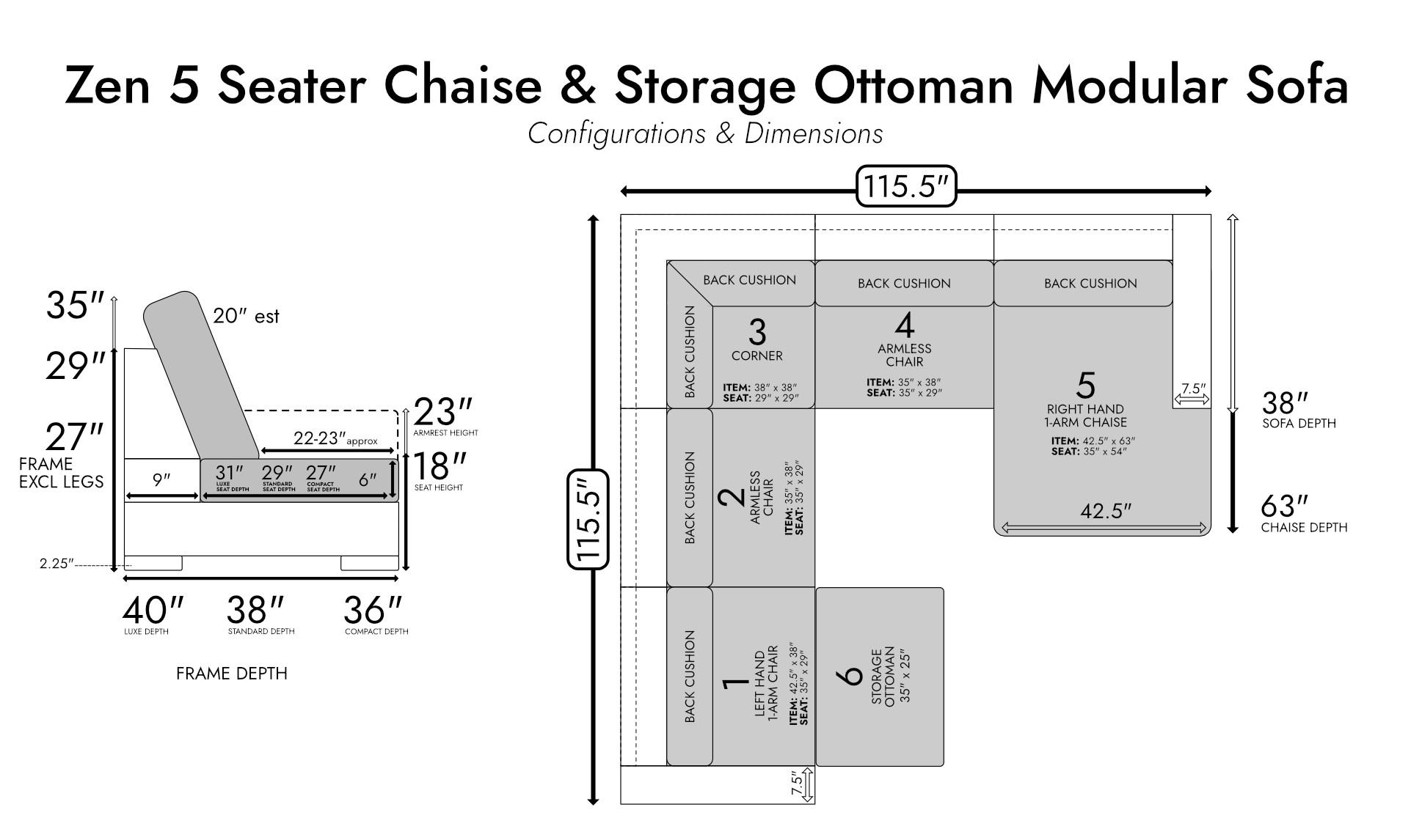 Zen 5 Seater Modular Sofa & Chaise + Storage Ottoman — photo 4