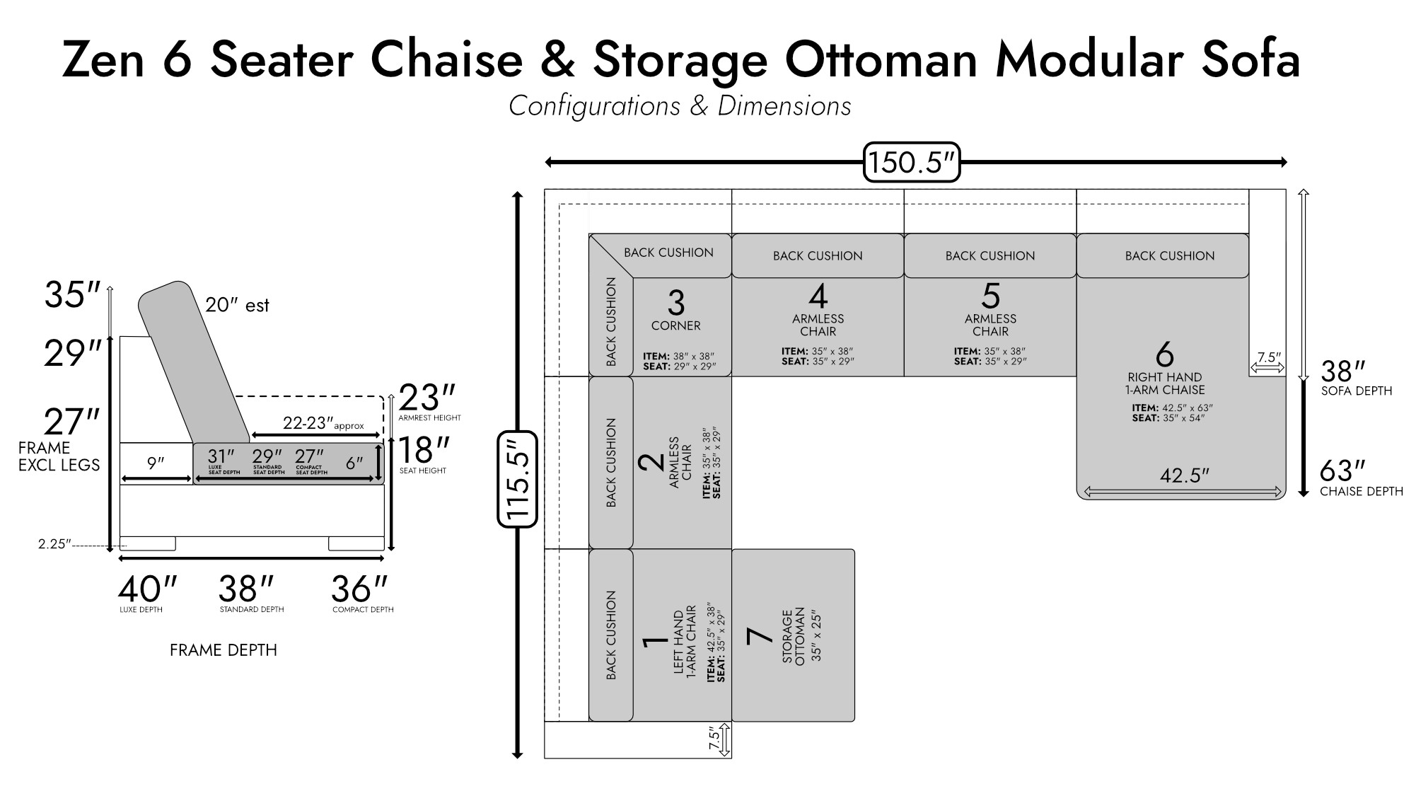 Zen 6 Seater Modular Corner Sofa & Chaise + Storage Ottoman — photo 5