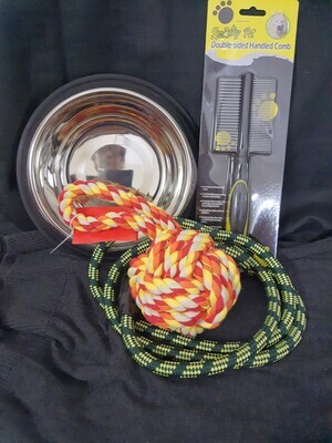 Combination Bowl, Rope toy, Lead and Grooming Brush