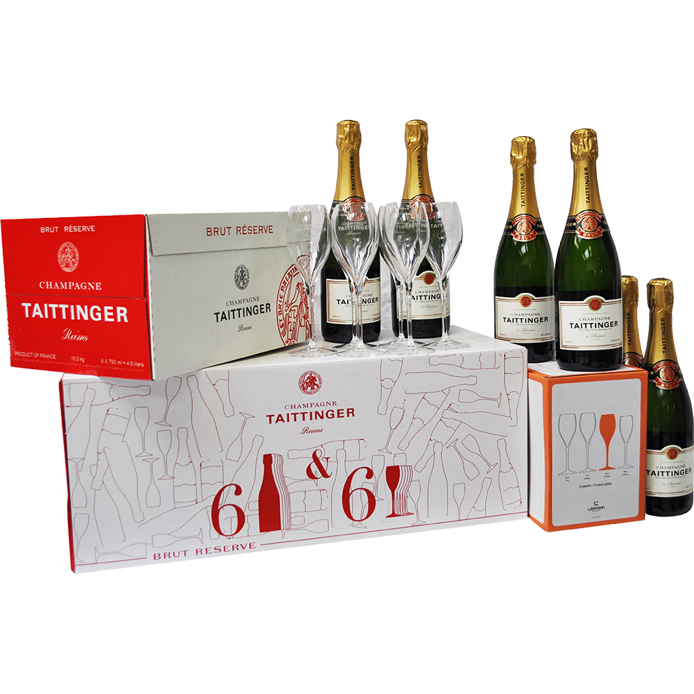6 Flaschen Champagner Taittinger Brut Réserve + 6 Gläser
