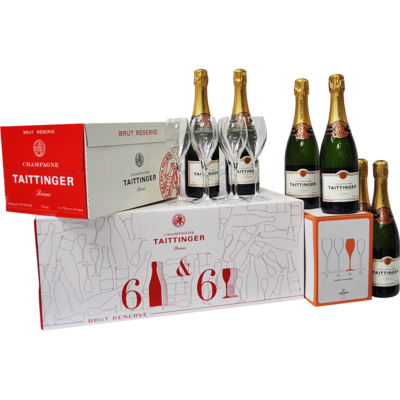 6 bouteilles de Champagne Taittinger Brut Réserve + 6 verres