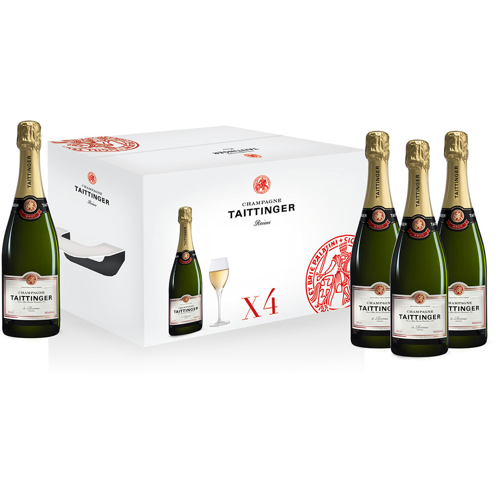 ​4 Flaschen Champagner Taittinger Brut Réserve + 4 Gläser