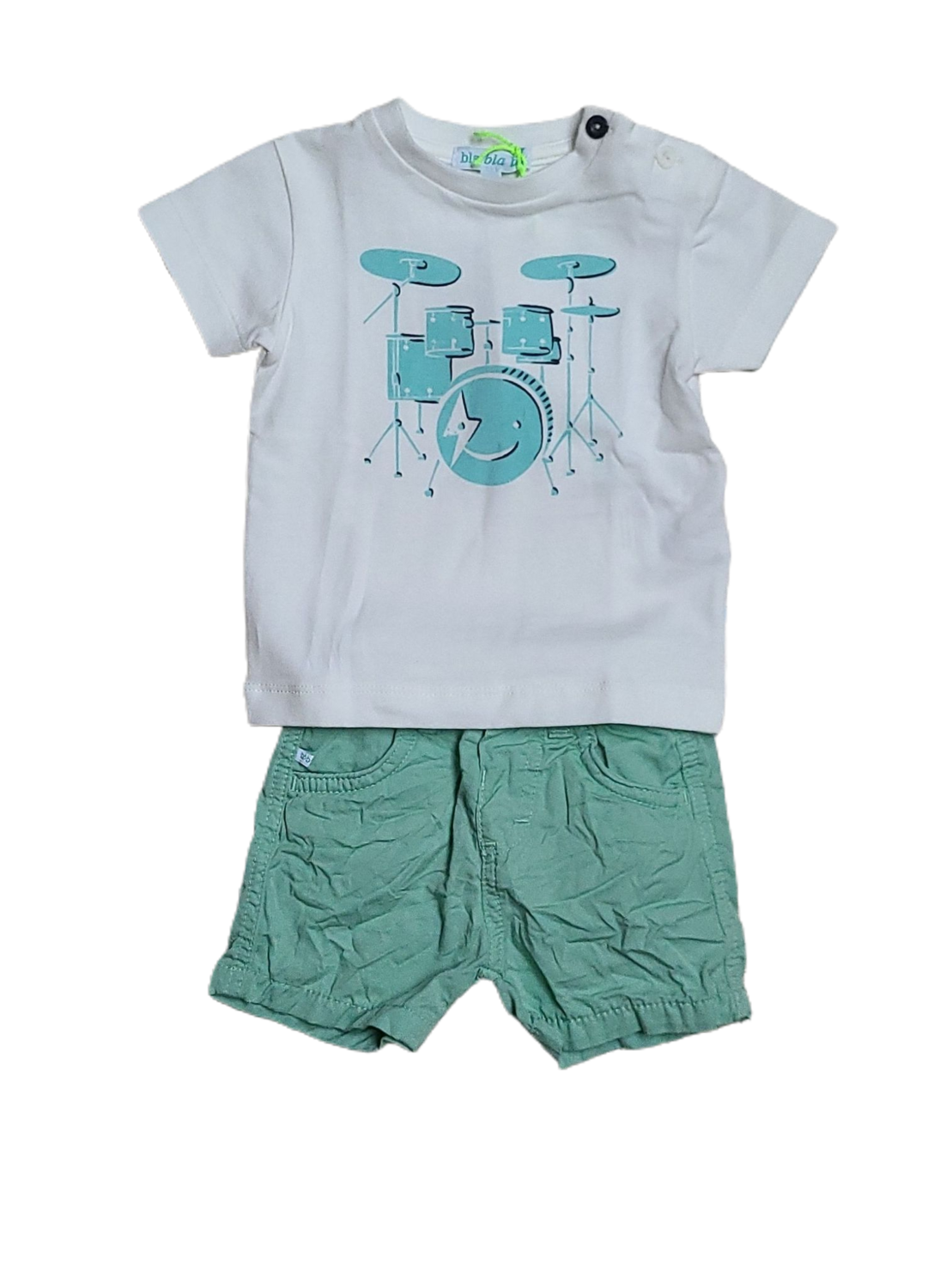 Set T-shirt k-m ecru &quot;drums&quot;
short groen Blablabla