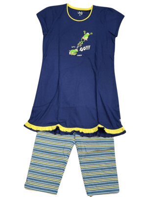 Meisjes Pyjama K/M Tuniek/Kuitbroek &quot;Kikker&quot; Woody Donkerblauw