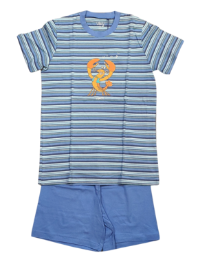 Jongens Pyjama K/M Short &quot;Kreeft&quot; Woody Blauw Gestreept