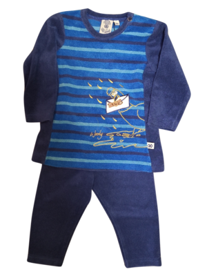 Meisjes Baby Pyjama L/M Badstof &quot;Duif&quot; Woody Blauw Gestreept