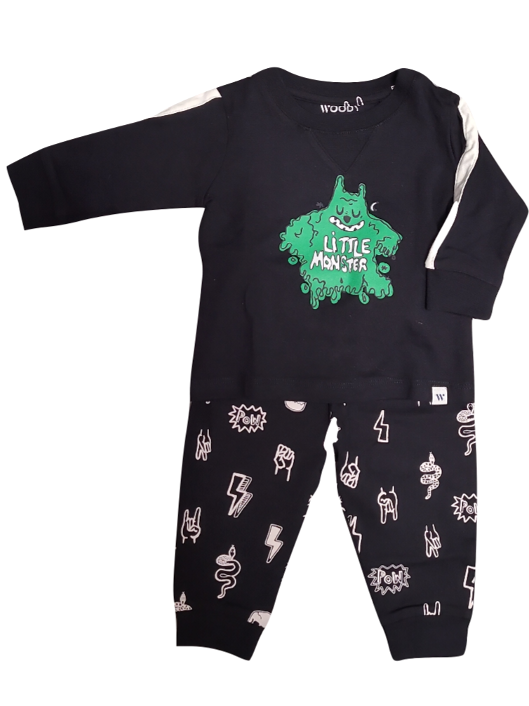 Jongens Baby Pyjama L/M &quot;Little Monster&quot; Woody Zwart