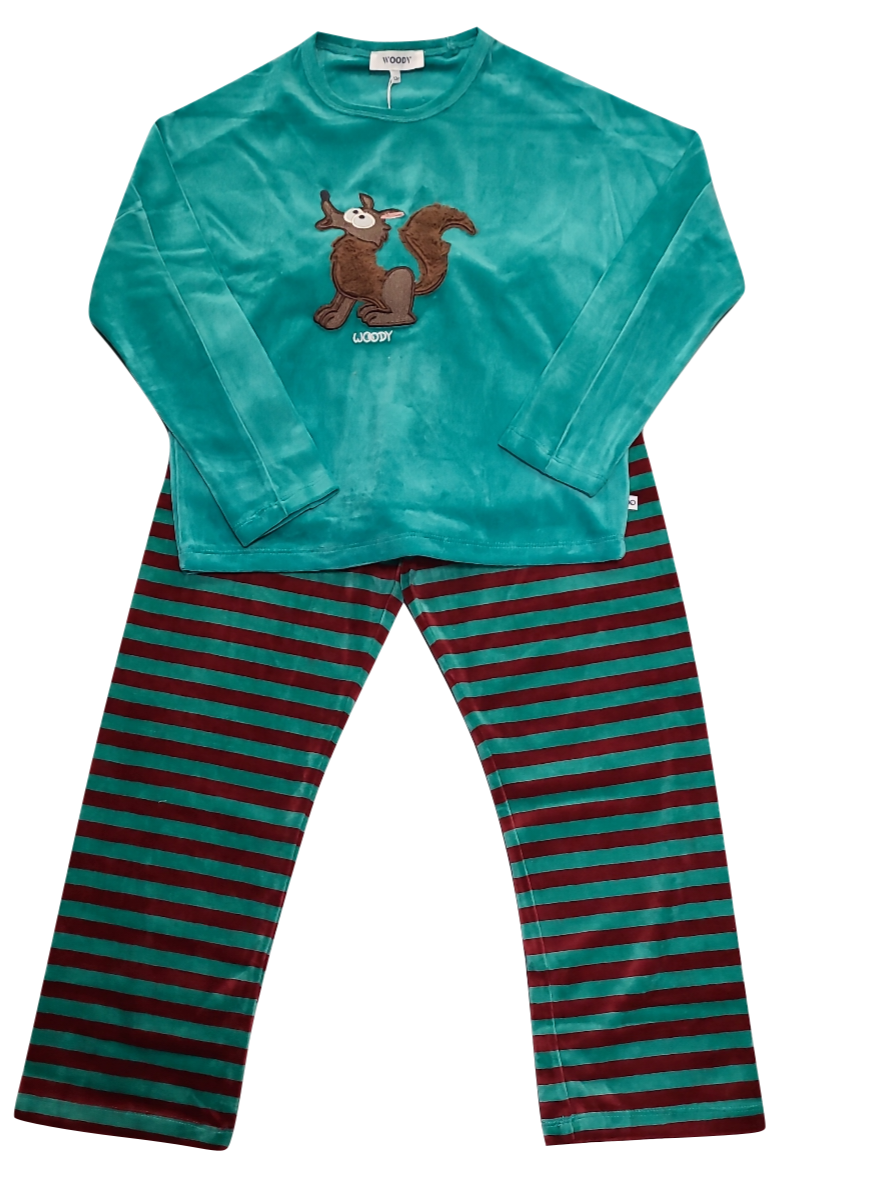 Meisjes Pyjama L/M Velours Woody &quot;Vos&quot; Groen
